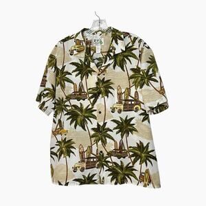 Ky's Hawaiian Aloha Shirt Mens XL Woody Cars Surf Palms Tropical Beach Resort